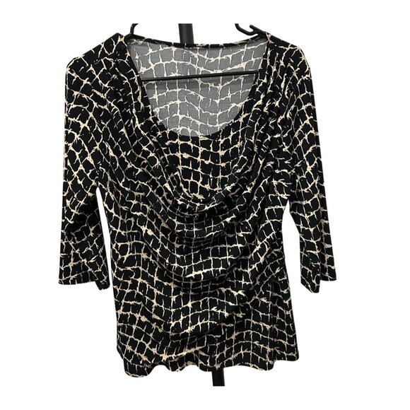Black Beige Draped Neck Stretchy 3/4 Sleeve Patterned Top Sz MP - Picture 1 of 10